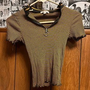 Yellow And Blue Striped Crop Top With Zipper